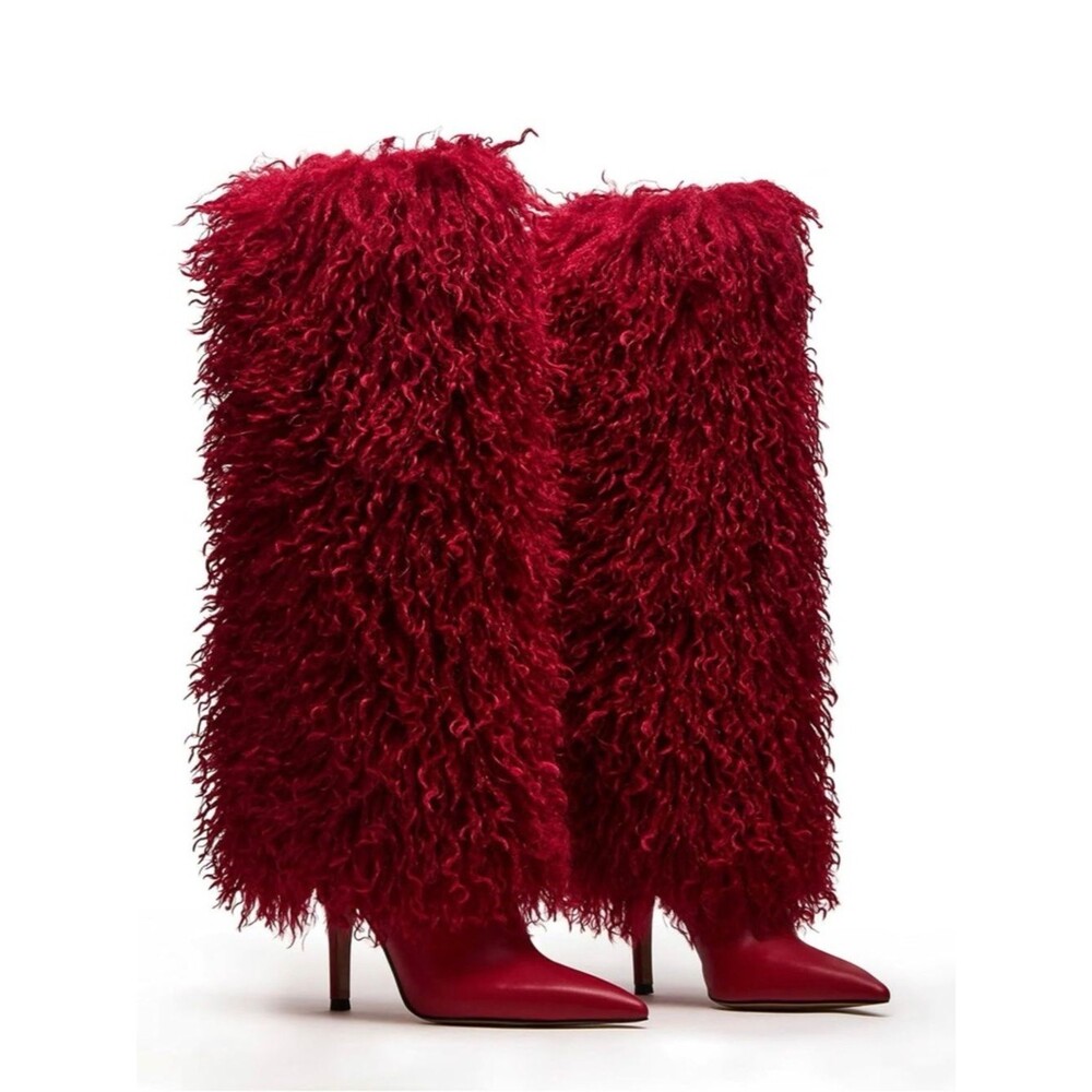 XBKXMK Red Fur Knee High Boots Pointed Toe Stiletto Heel Fold Over Wide Calf 7